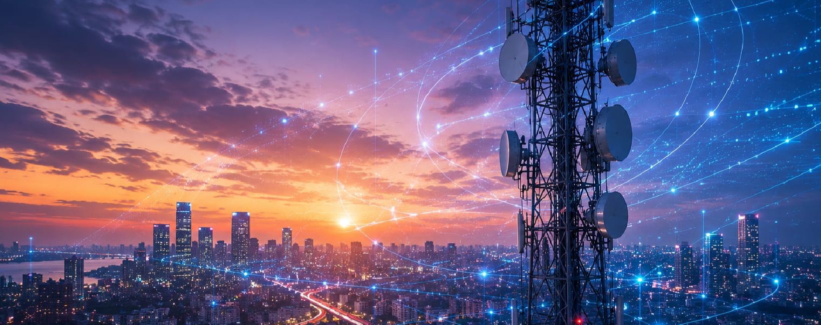 Industrial communication tower at sunset